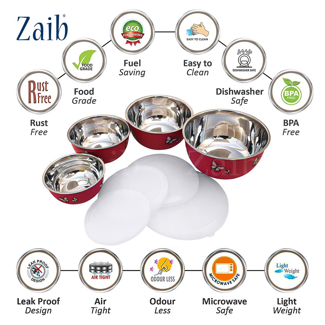Zaib Microwave Safe Stainless Steel Food Storage Container with Lid|500ml, 800ml, 1250ml, 2000 ml | Reheatable (4 Red Butterfly) | Grocsy