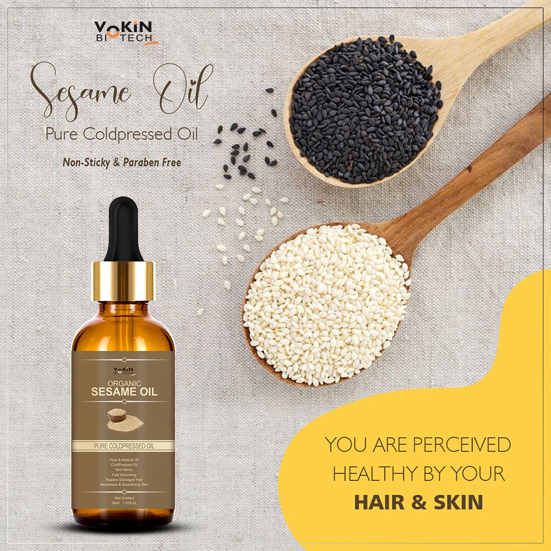 Vokin Biotech Organic Sesame Pure Cold Pressed Oil For Hair, Body, Skin Care, Massage, | Grocsy