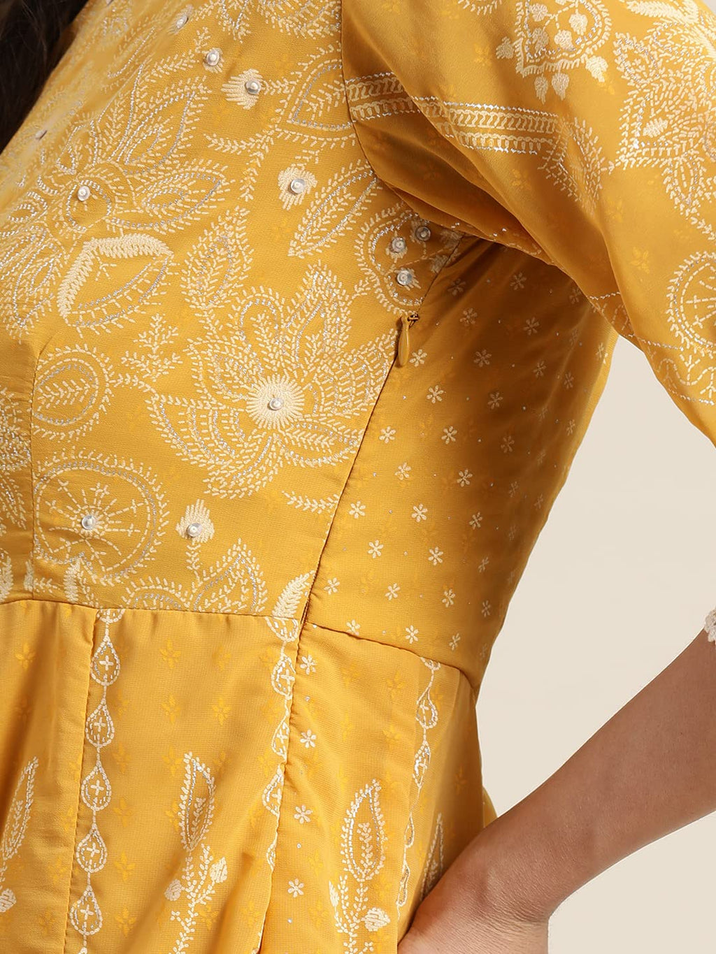 Juniper Women's Yellow Floral Printed Georgette Maxi Dress With Beads Kantha Work & Sequins At Neckline | Grocsy