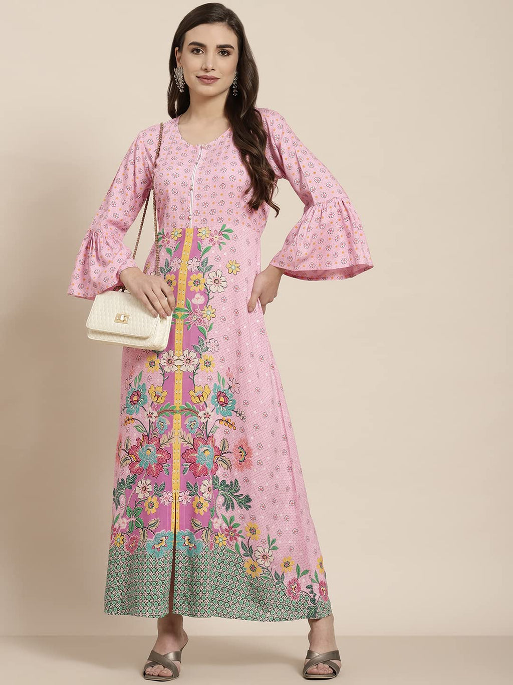 Juniper Women's Pink Floral Printed Rayon Kurta With Buttons Closure At Back | Grocsy