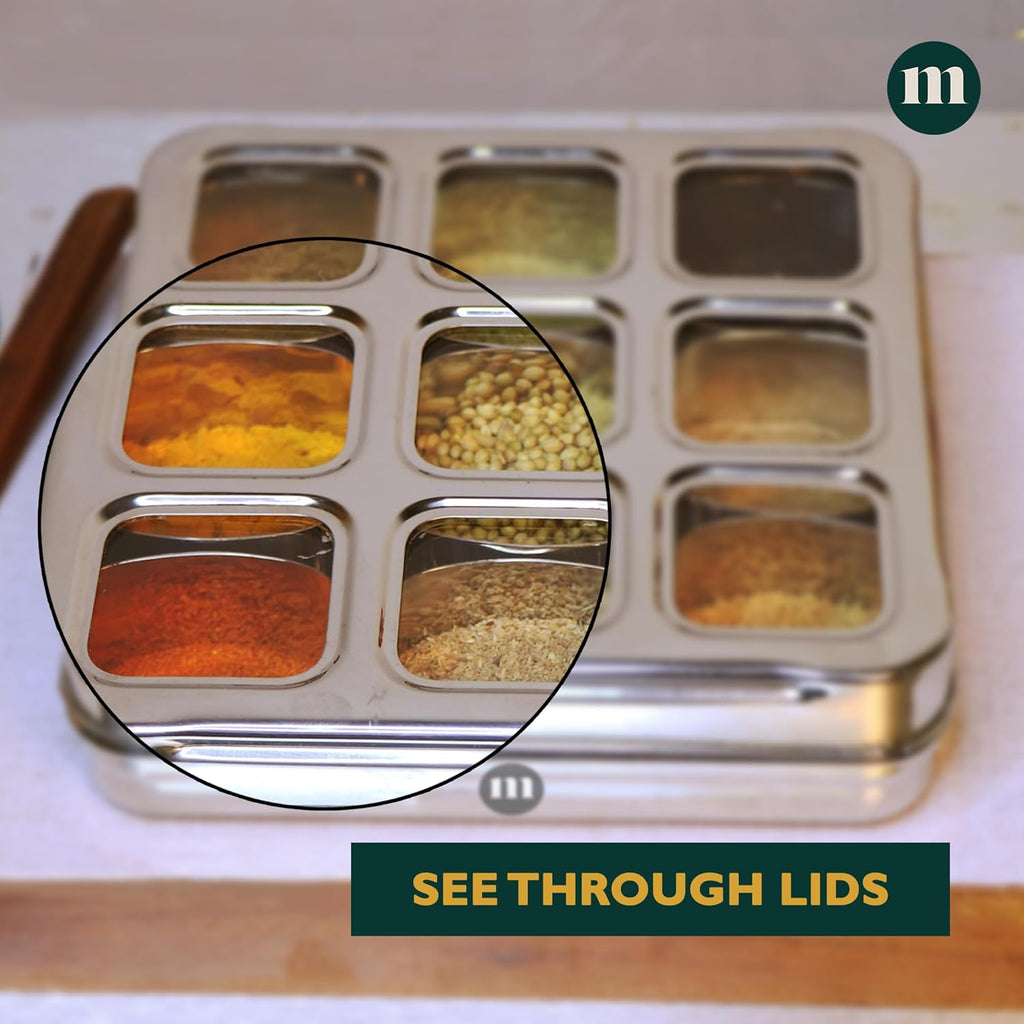 MARU Stainless Steel 9-in-1 Square Masala Dabba – Spice Box with 9 Round Containers | Grocsy