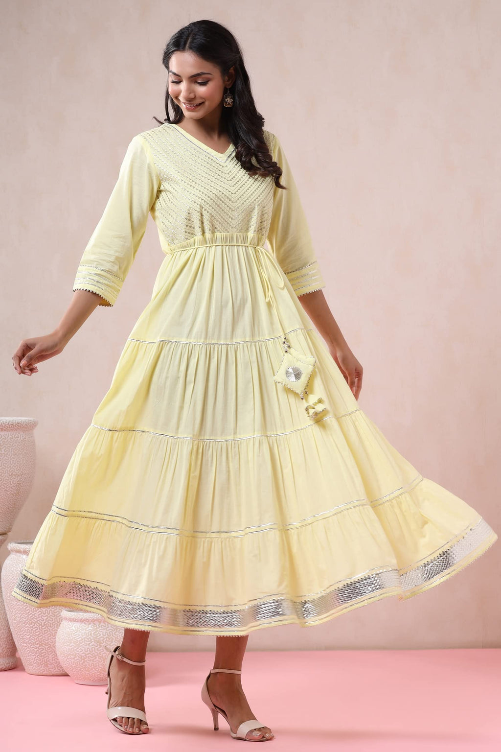 Juniper Women's Yellow Solid Pure Cotton Solid Tiered Maxi Dress With Gota Work Dori Tie-Up & Cushioned Tassels At Waist | Grocsy