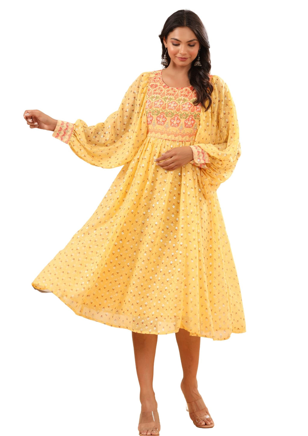 Juniper Women's Yellow Ethnic Motif Printed Georgette Midi Dress With Sequins Work | Grocsy