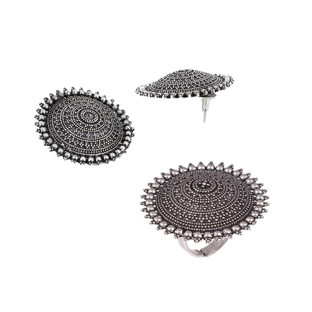 Silver-Plated Alloy Antique Silver Round Earrings With Ring - The Pari