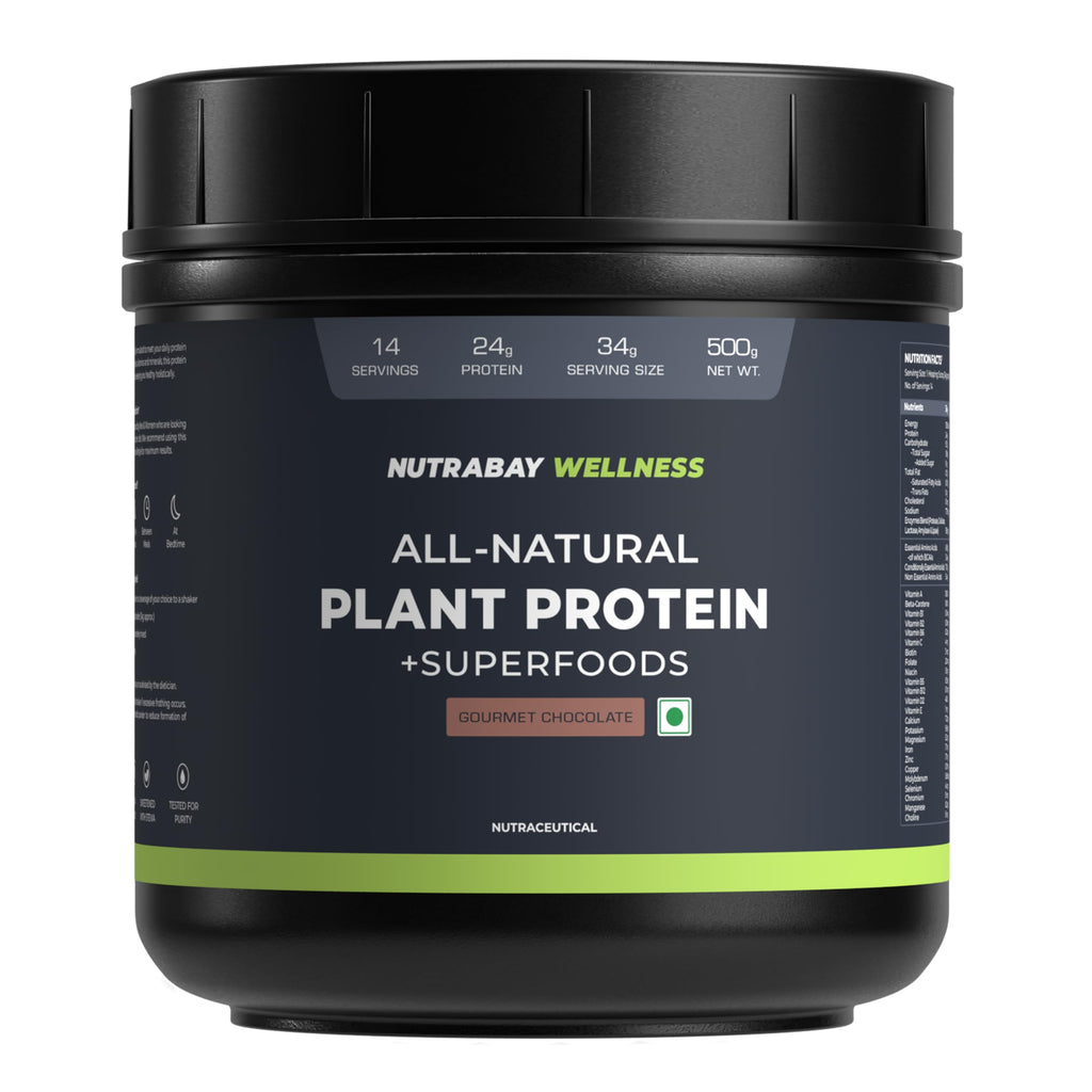 Nutrabay Wellness All Natural Plant Protein +Superfoods Powder - Gourmet Chocolate | Grocsy
