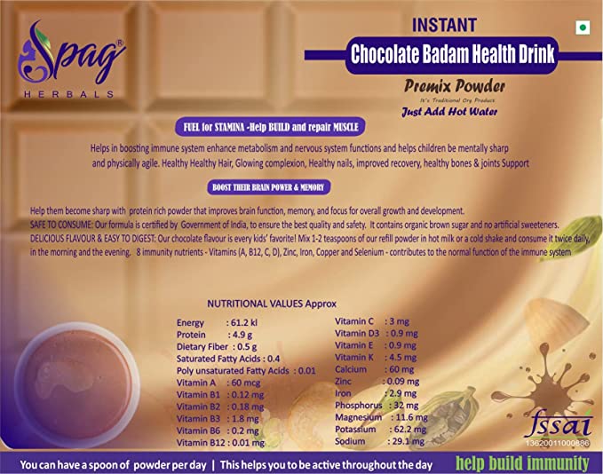 Spag Herbals Chocolate Badam Health Drink Instant Premix Powder | Grocsy