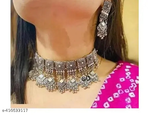 Tehzeeb Creations Women's Silver Colour Oxidised Necklace Set With Mirror Work | Grocsy