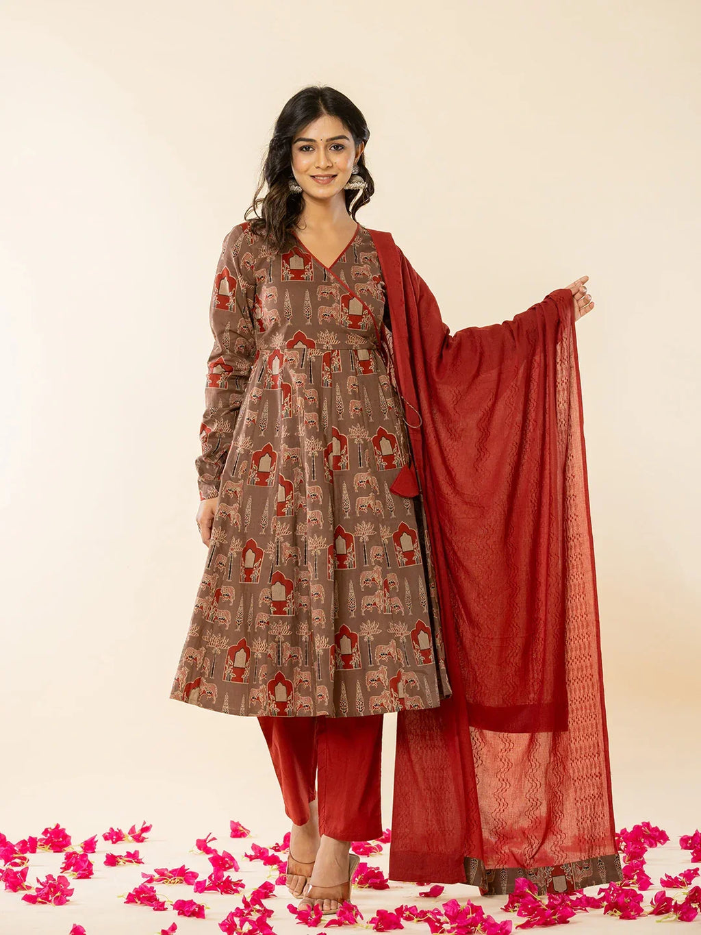 Yufta Brown Cotton Angrakha Style Kurta With Dobby Dupatta Set | Grocsy