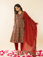 Yufta Brown Cotton Angrakha Style Kurta With Dobby Dupatta Set | Grocsy