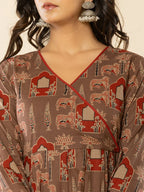 Yufta Brown Cotton Angrakha Style Kurta With Dobby Dupatta Set | Grocsy
