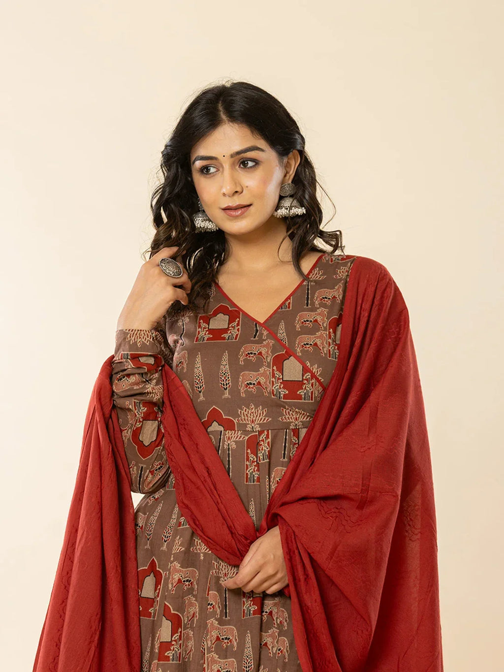 Yufta Brown Cotton Angrakha Style Kurta With Dobby Dupatta Set | Grocsy