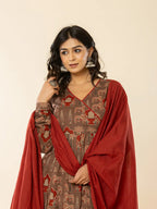 Yufta Brown Cotton Angrakha Style Kurta With Dobby Dupatta Set | Grocsy