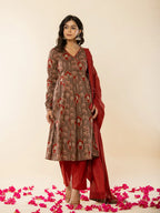 Yufta Brown Cotton Angrakha Style Kurta With Dobby Dupatta Set | Grocsy