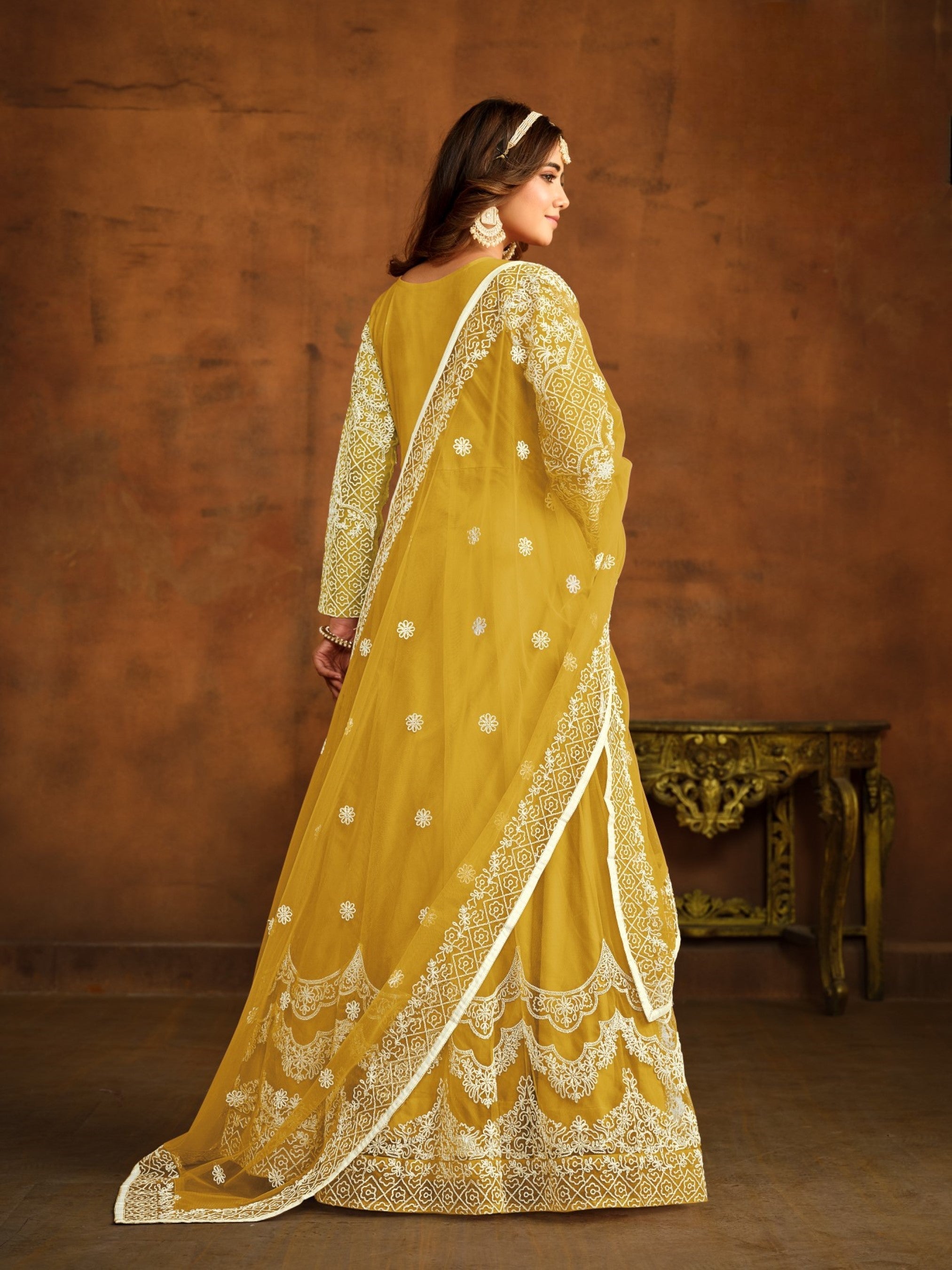 Anaita Yellow Embroidered Net Anarkali Suit | Grocsy