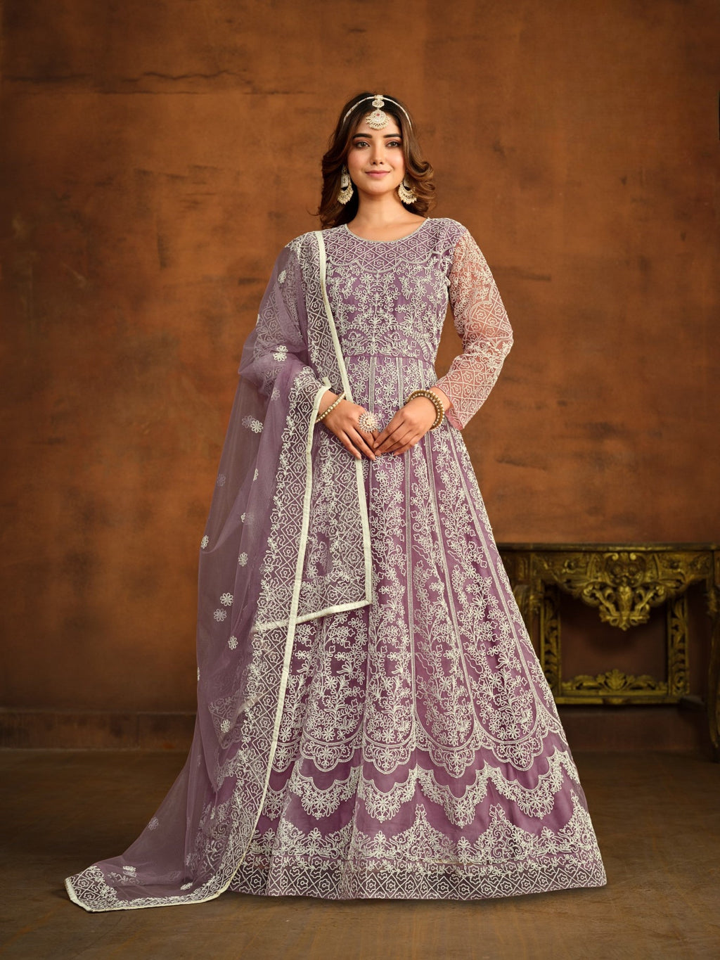 Anaita Lavender Embroidered Net Anarkali Suit | Grocsy