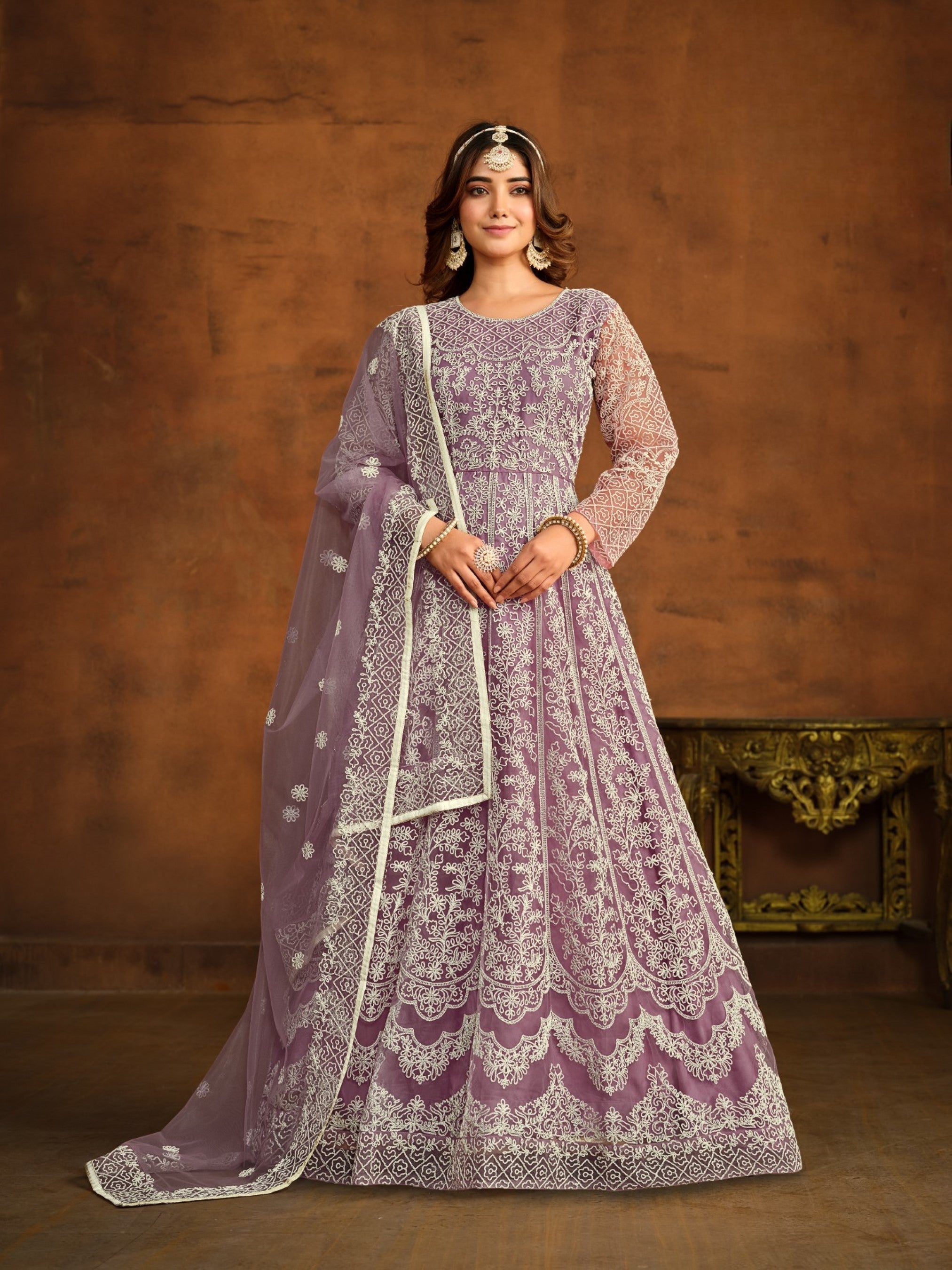 Anaita Lavender Embroidered Net Anarkali Suit | Grocsy