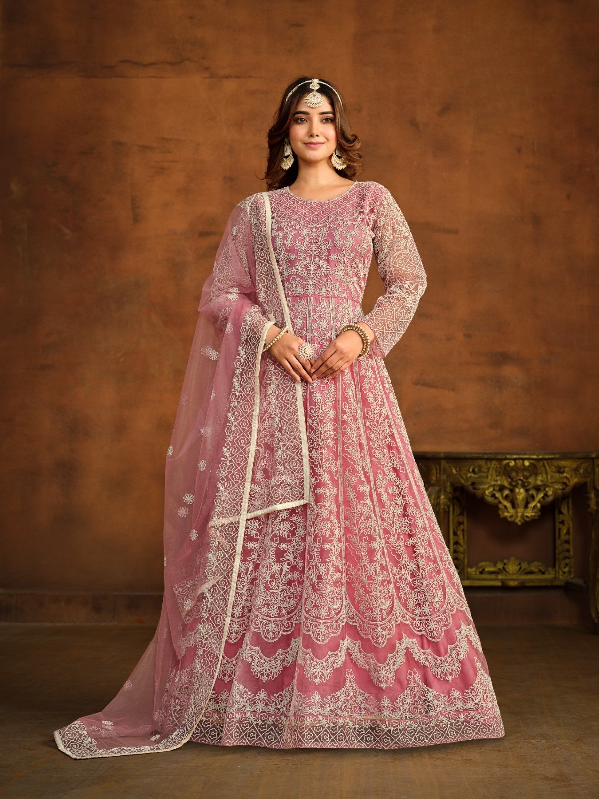 Anaita Pink Embroidered Net Anarkali Suit | Grocsy