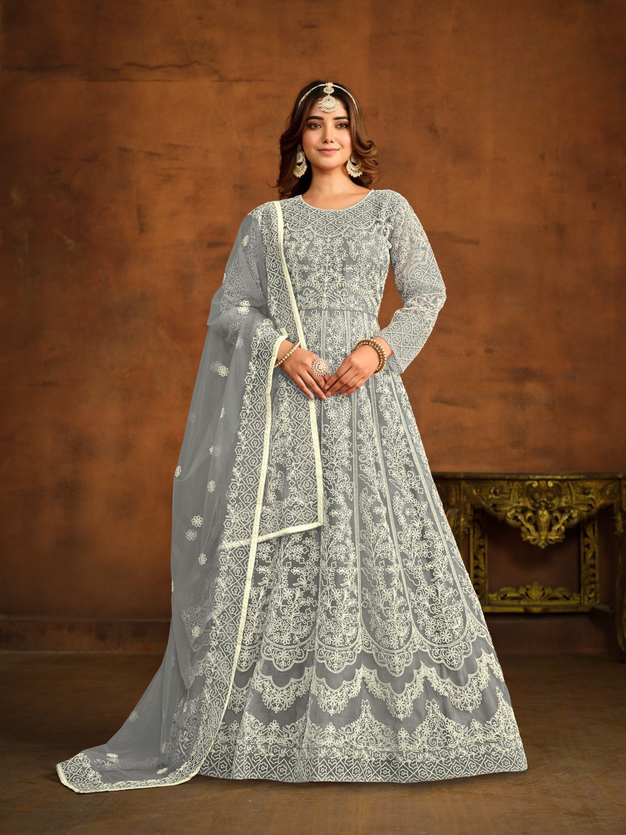 Anaita Grey Embroidered Net Anarkali Suit | Grocsy