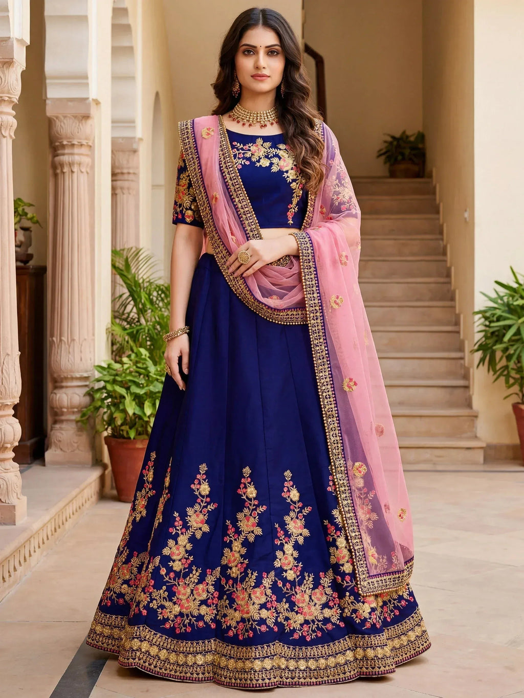 Tulsi Art Fabulous Navy Blue Embroidered Silk Festival Wear Lehenga Choli | Grocsy