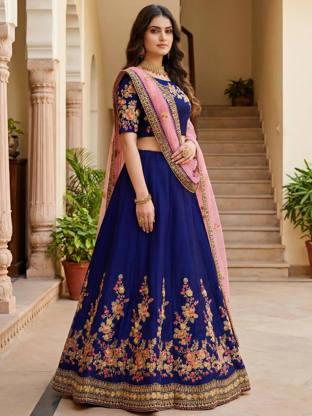 Tulsi Art Fabulous Navy Blue Embroidered Silk Festival Wear Lehenga Choli | Grocsy