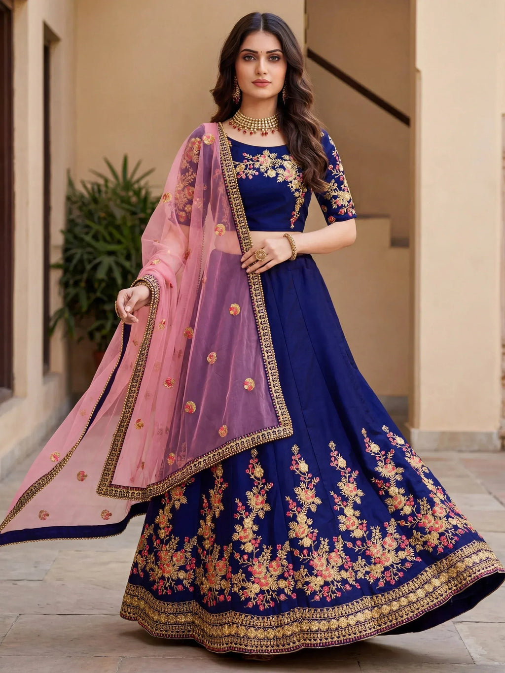 Tulsi Art Fabulous Navy Blue Embroidered Silk Festival Wear Lehenga Choli | Grocsy