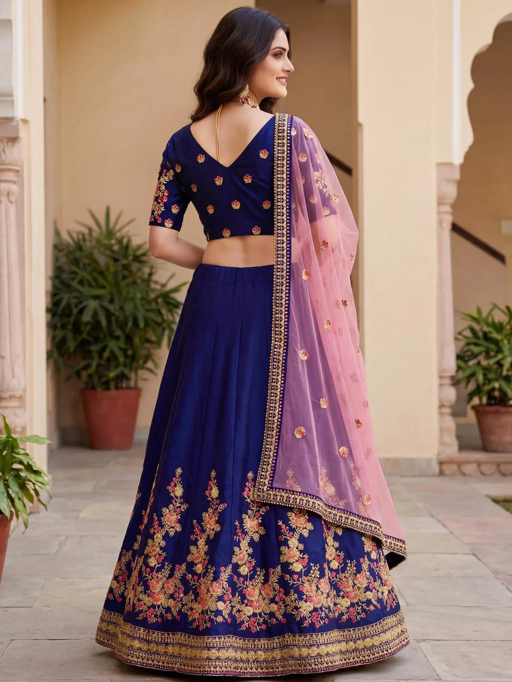 Tulsi Art Fabulous Navy Blue Embroidered Silk Festival Wear Lehenga Choli | Grocsy