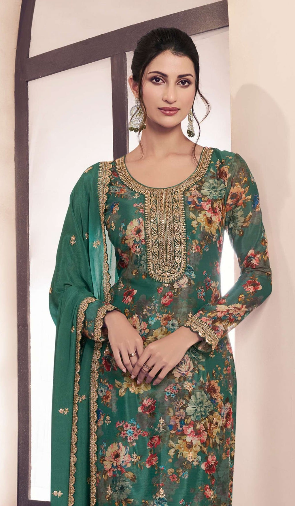 Anaita Green Chinon Digital Print Sequence Embroidered Salwar Suit | Grocsy
