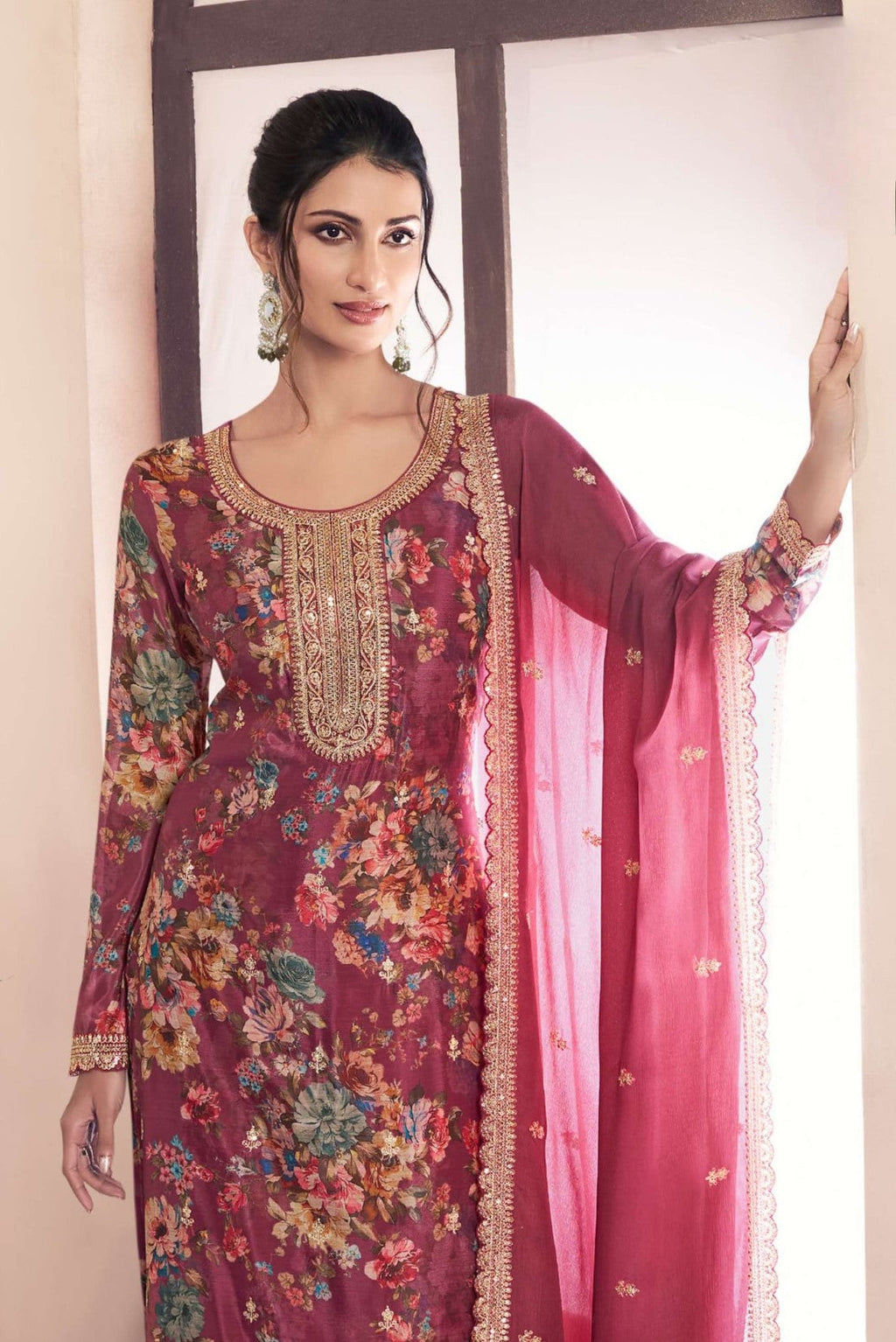Anaita Pink Chinon Digital Print Sequence Embroidered Salwar Suit | Grocsy