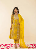 Yufta Mustard Cotton Embroidered Anarkali Kurta Dupatta Set | Grocsy