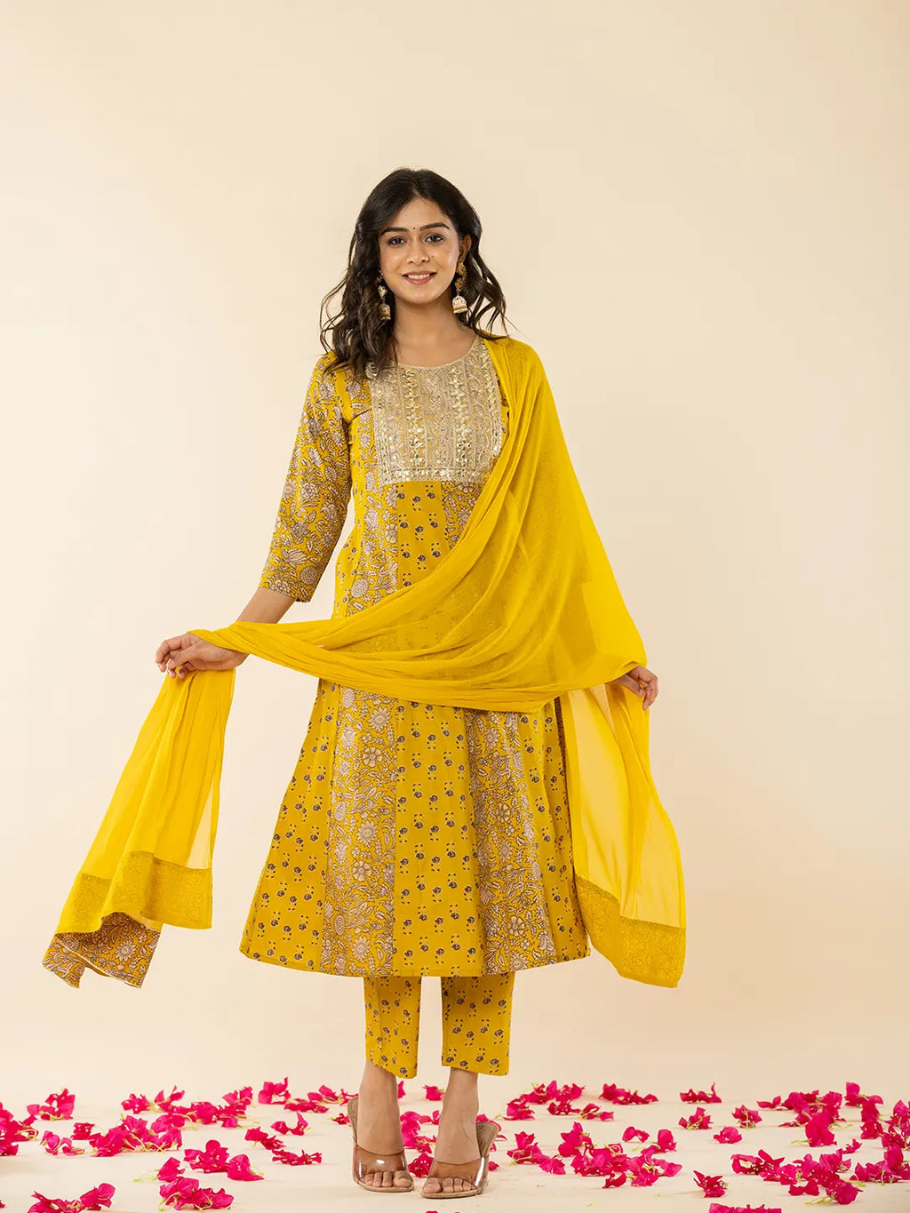 Yufta Mustard Cotton Embroidered Anarkali Kurta Dupatta Set | Grocsy