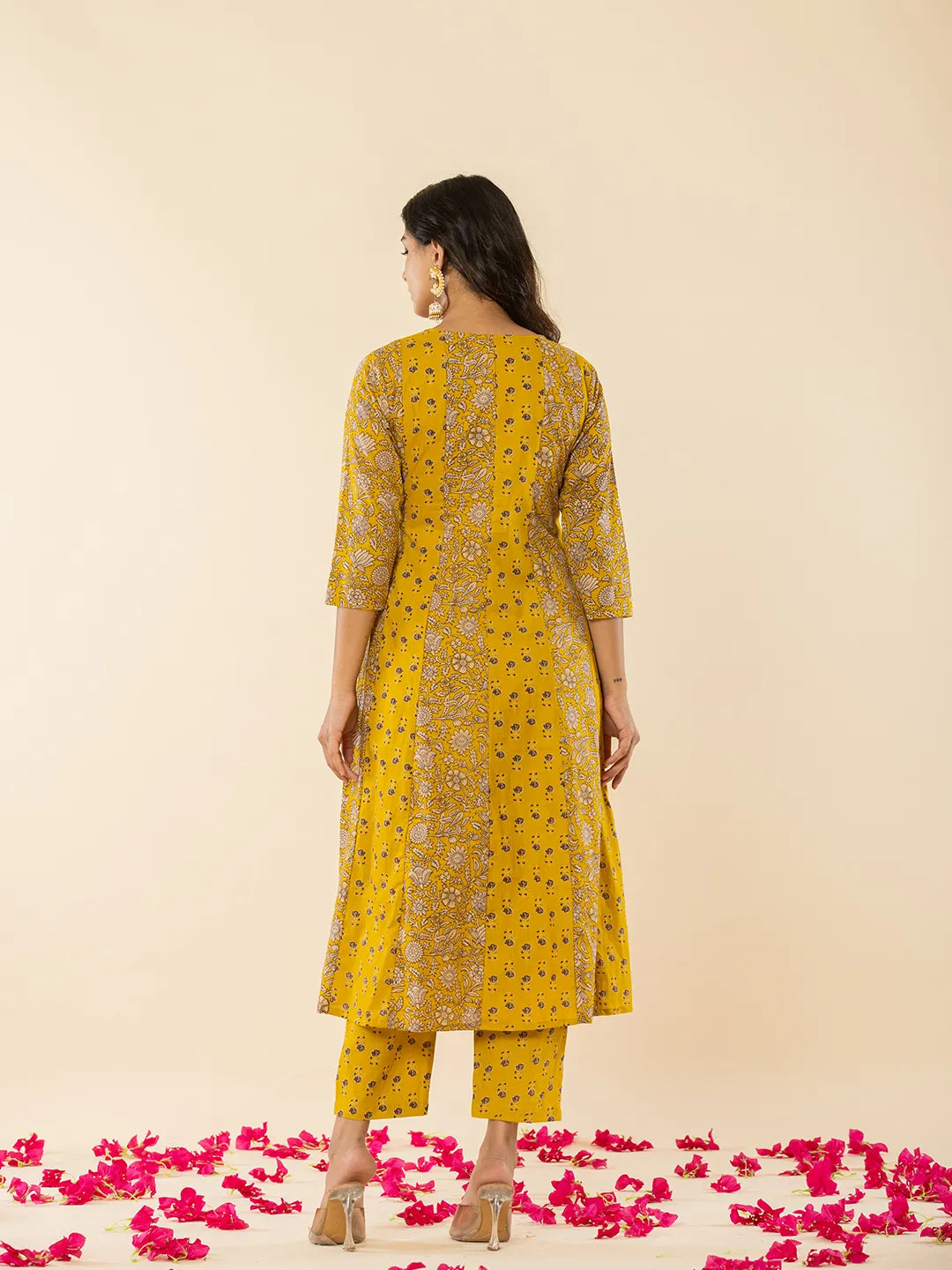 Yufta Mustard Cotton Embroidered Anarkali Kurta Dupatta Set | Grocsy