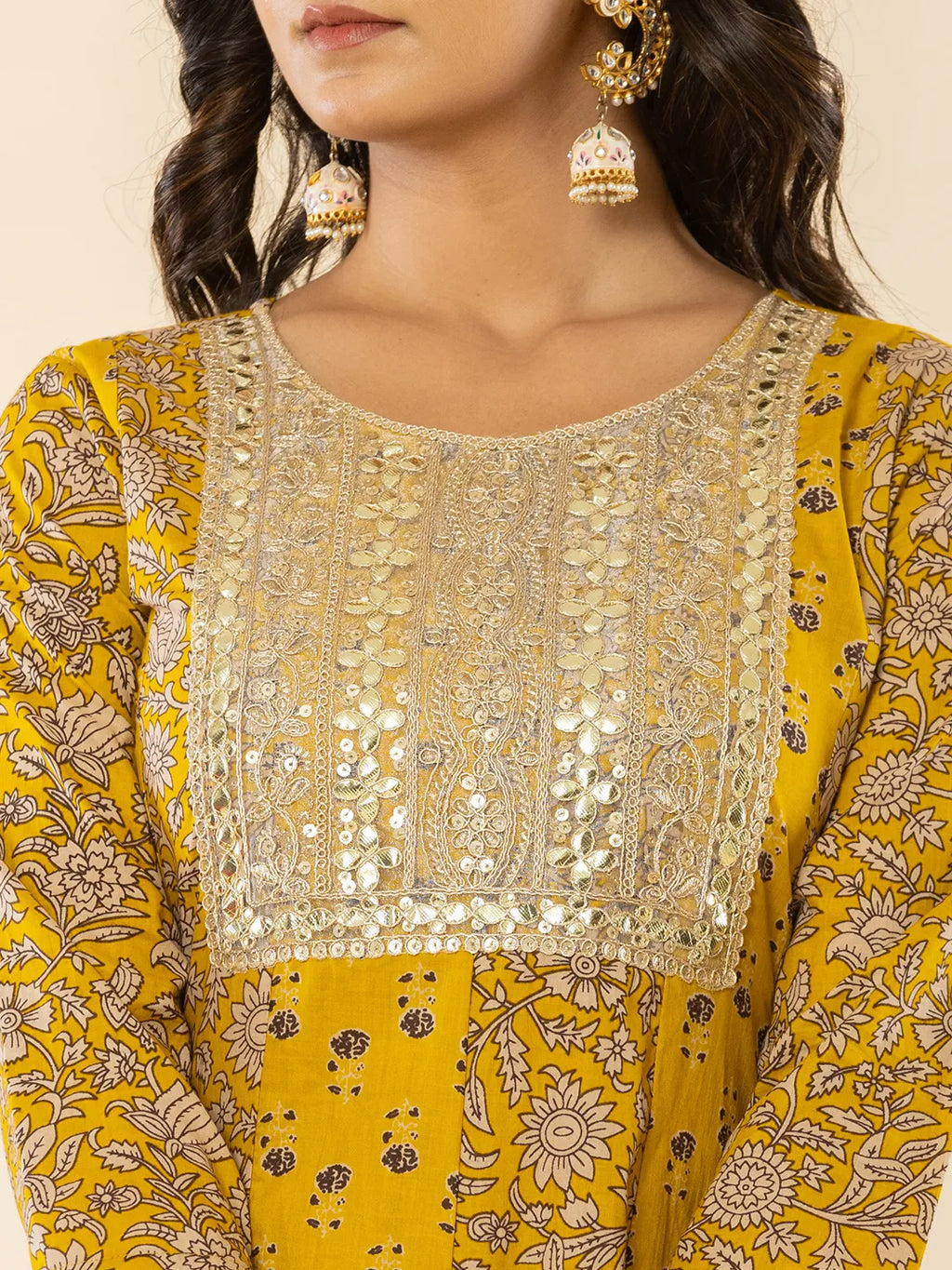 Yufta Mustard Cotton Embroidered Anarkali Kurta Dupatta Set | Grocsy