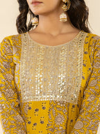 Yufta Mustard Cotton Embroidered Anarkali Kurta Dupatta Set | Grocsy