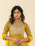 Yufta Mustard Cotton Embroidered Anarkali Kurta Dupatta Set | Grocsy
