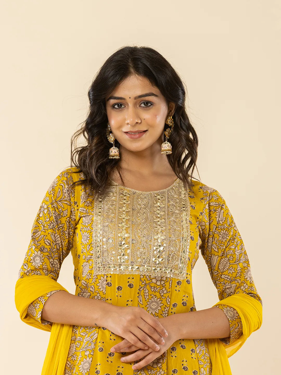 Yufta Mustard Cotton Embroidered Anarkali Kurta Dupatta Set | Grocsy