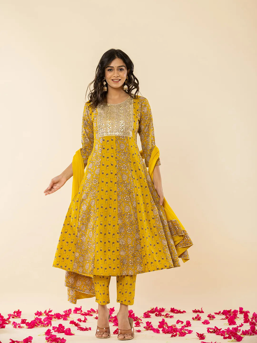 Yufta Mustard Cotton Embroidered Anarkali Kurta Dupatta Set | Grocsy