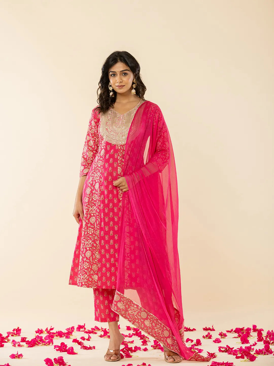 Yufta Pink Cotton Embroidered Anarkali Kurta Dupatta Set | Grocsy
