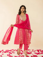 Yufta Pink Cotton Embroidered Anarkali Kurta Dupatta Set | Grocsy