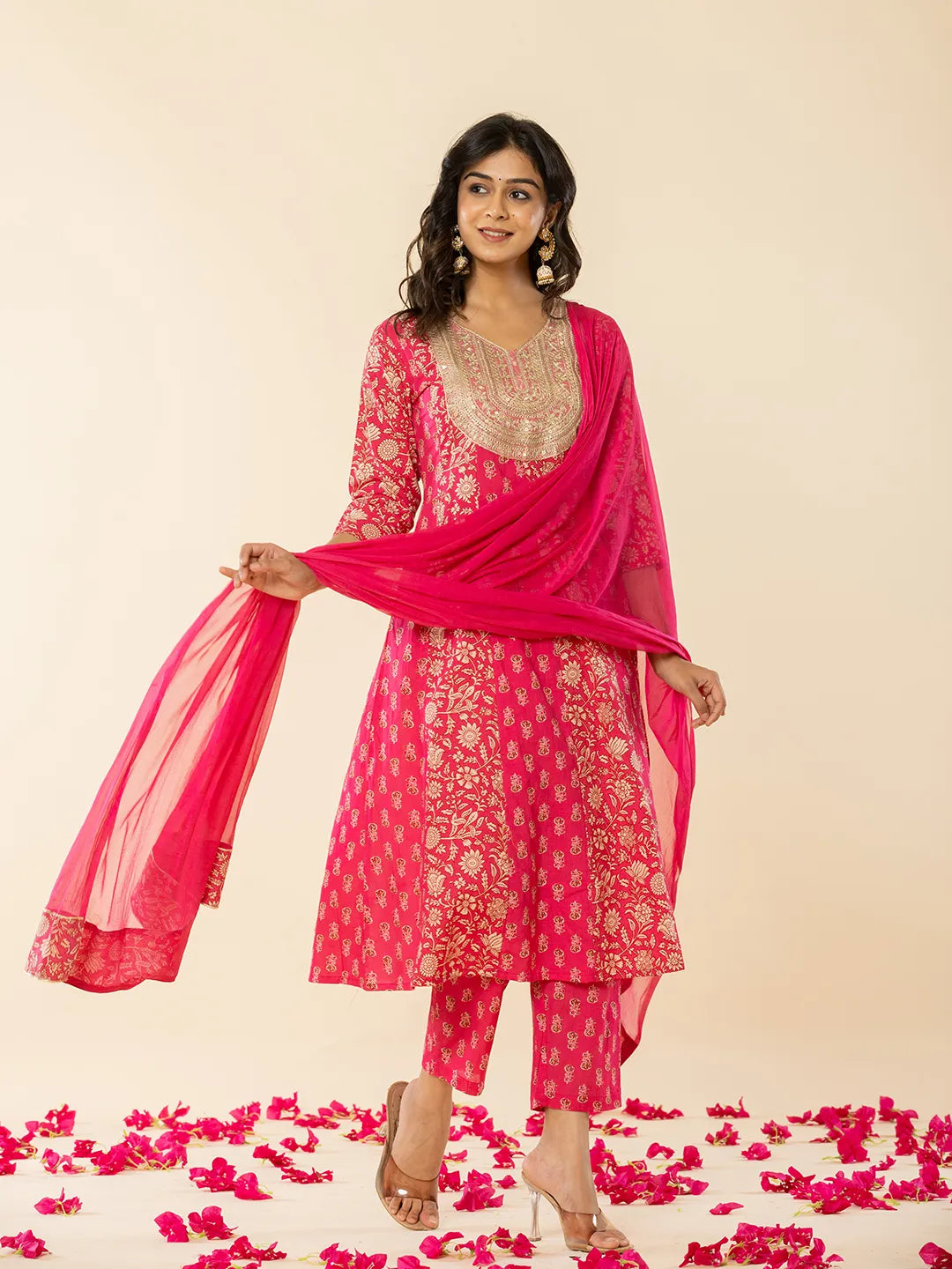 Yufta Pink Cotton Embroidered Anarkali Kurta Dupatta Set | Grocsy