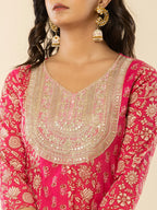 Yufta Pink Cotton Embroidered Anarkali Kurta Dupatta Set | Grocsy