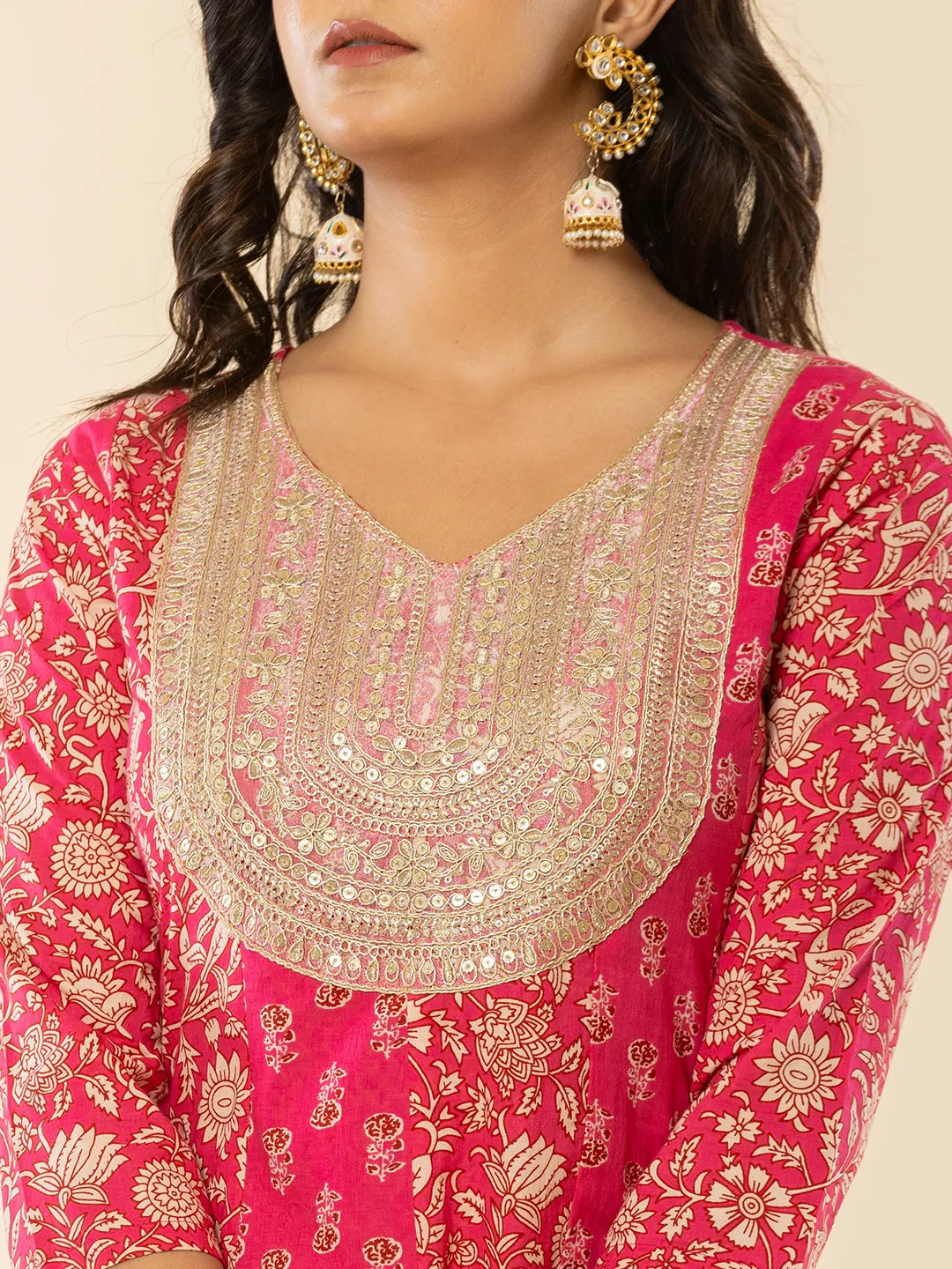 Yufta Pink Cotton Embroidered Anarkali Kurta Dupatta Set | Grocsy
