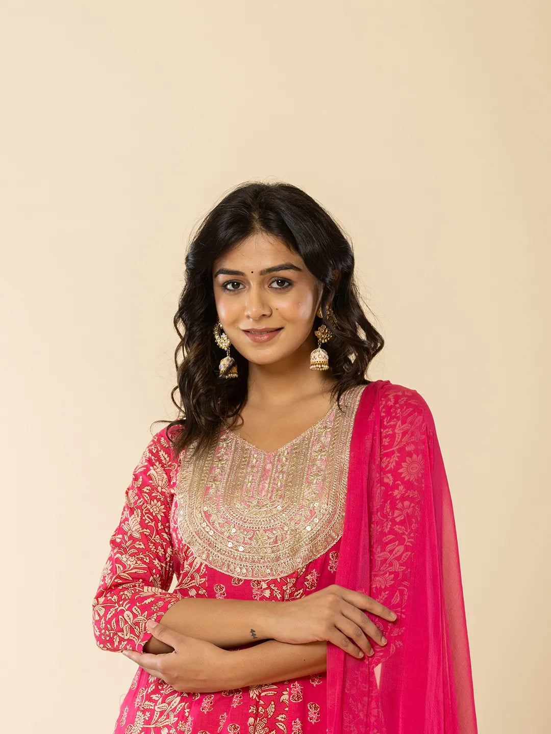 Yufta Pink Cotton Embroidered Anarkali Kurta Dupatta Set | Grocsy