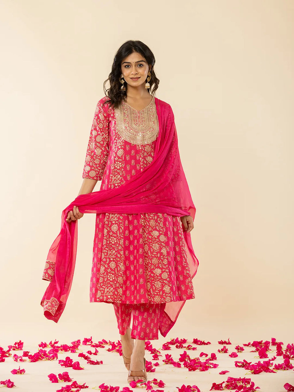Yufta Pink Cotton Embroidered Anarkali Kurta Dupatta Set | Grocsy