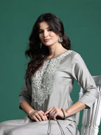 Indo Era Ethnic Motifs Embroidered Thread Work Kurta with Trousers | Grocsy
