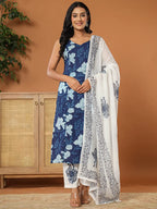 Yufta Cotton Strappy Block Print Kurta Dupatta Set | Grocsy