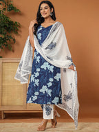 Yufta Cotton Strappy Block Print Kurta Dupatta Set | Grocsy