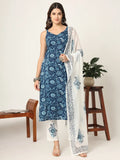 Yufta Blue Cotton Strappy Block Print Kurta Dupatta Set | Grocsy