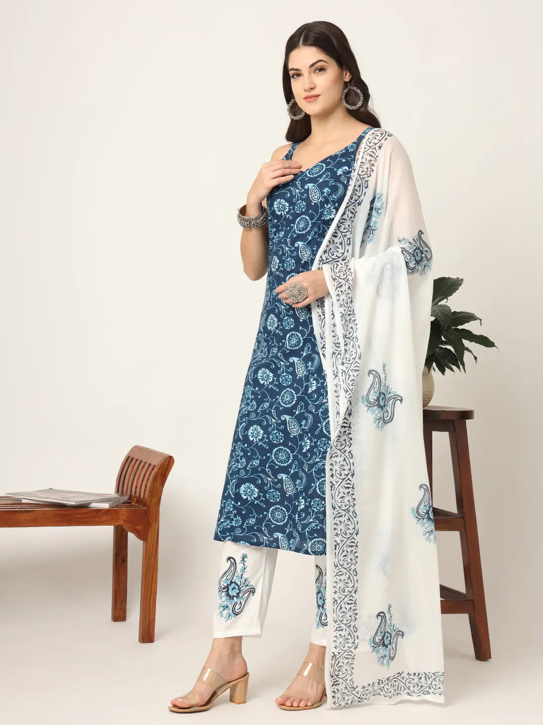 Yufta Blue Cotton Strappy Block Print Kurta Dupatta Set | Grocsy