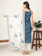 Yufta Blue Cotton Strappy Block Print Kurta Dupatta Set | Grocsy