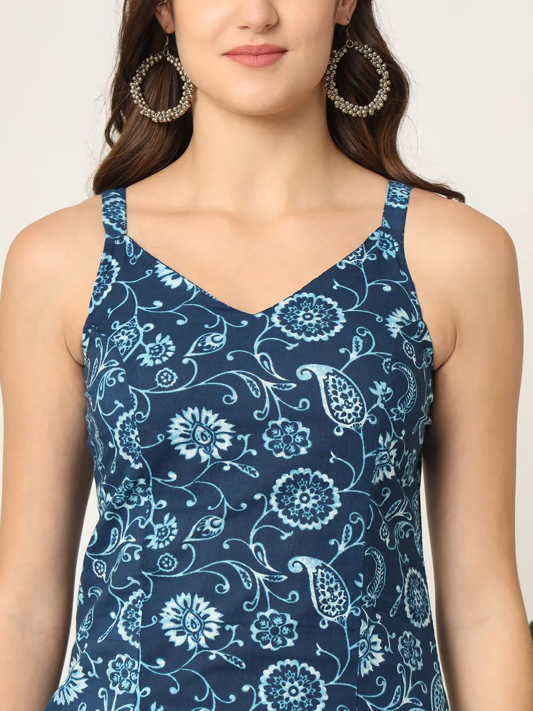 Yufta Blue Cotton Strappy Block Print Kurta Dupatta Set | Grocsy